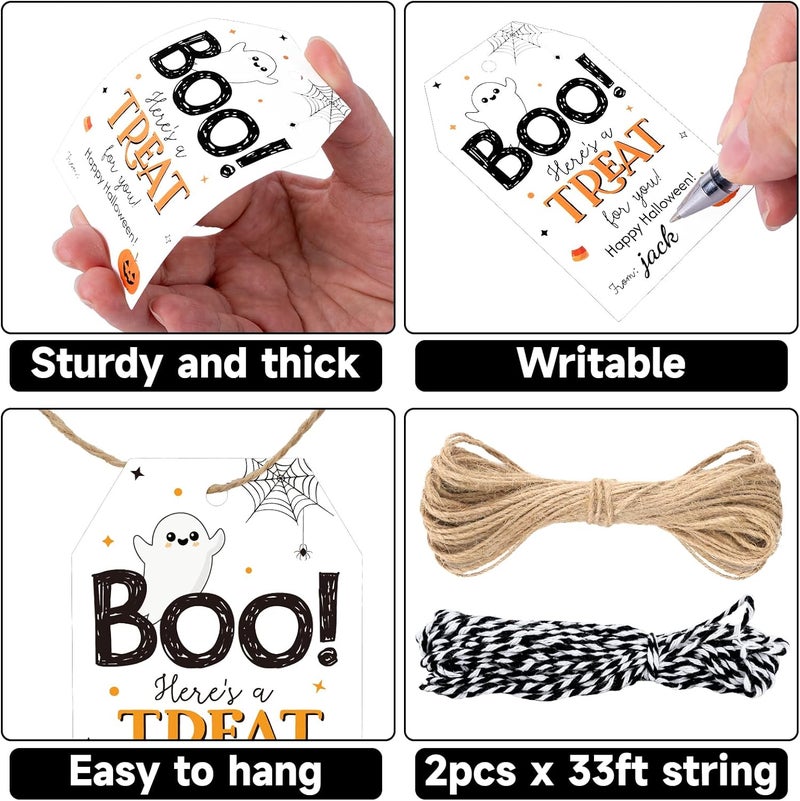 g2plus Happy Halloween Tags, 50PCS Boo Gift Tags with String, Ghost Pumpkin Trick or Treat Paper Hang Tags for DIY Crafts, Candy Treat Bags, Halloween Party Favors - Image 3